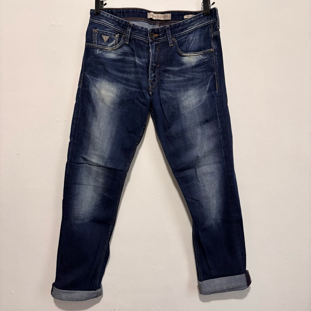 Vintage Guess Men's Dark Blue Washed Jeans